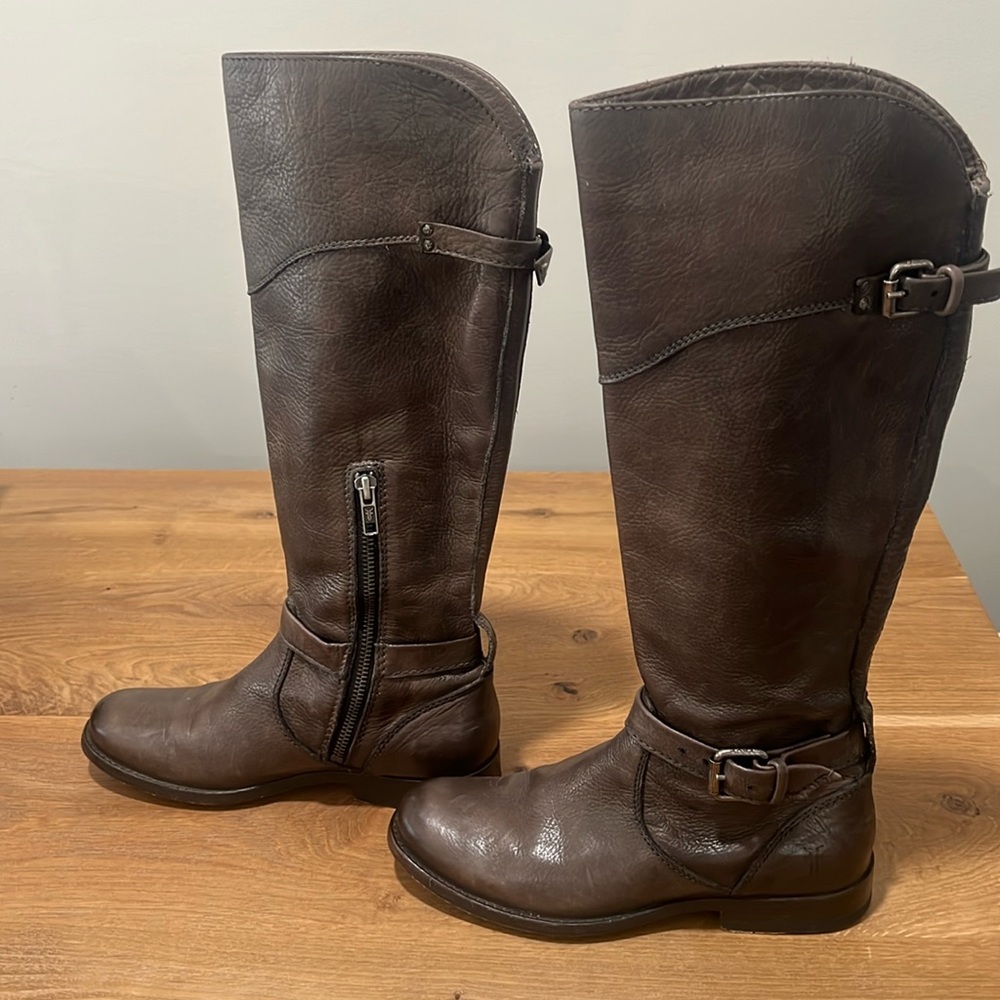 Frye Phillip Brown Leather Tall Western Riding Boots 3476847 Block Heel Size 6B - Picture 2 of 14